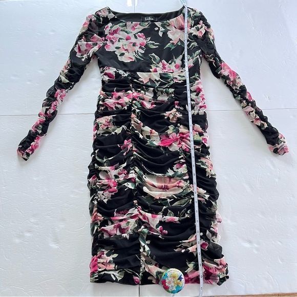 Lulus Ayana‎ Black Pink Floral Ruched Mesh Bodycon Dress SMALL - Picture 12 of 14